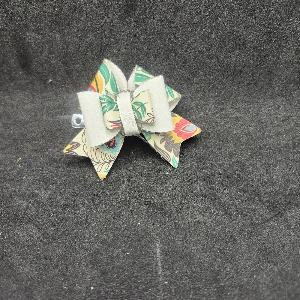 Hand Crafted Floral Patterned Hair Bow Faux Leather Barrette Clip